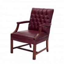OFFICE CHAIR-Burgundy Leather Tufted Arm W/Stationary Wood Frame