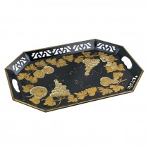 TRAY-Black Metal W/Gold Painted Fruit & Cutout Edge