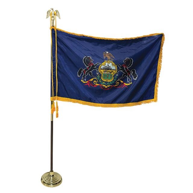 FLAG-Pennsylvania State Flag on Pole w|Finial & Gold Plastic Stand