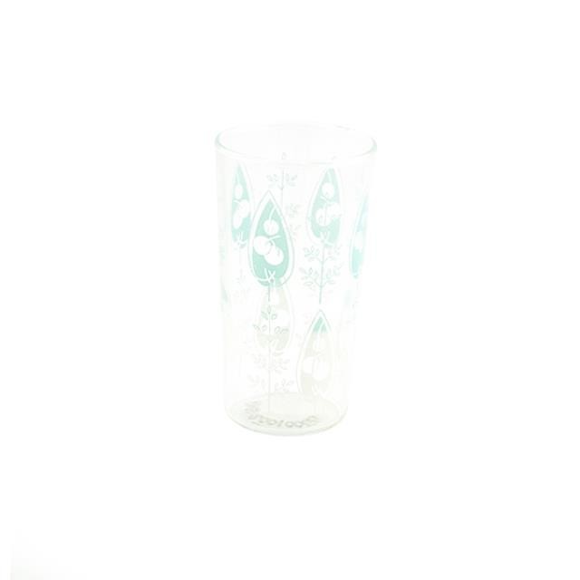 GLASS CUP-Blue & White Leaves w/Clear Cherries Inside