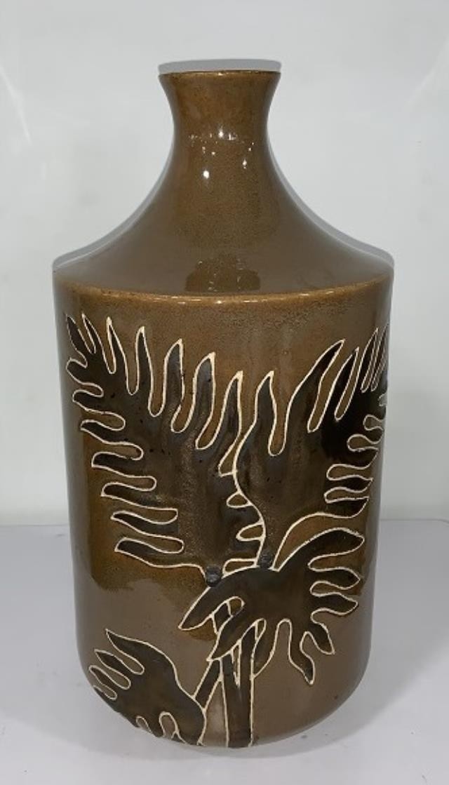 VASE-Brown Glaze W/Brown Palm Leaves on Front