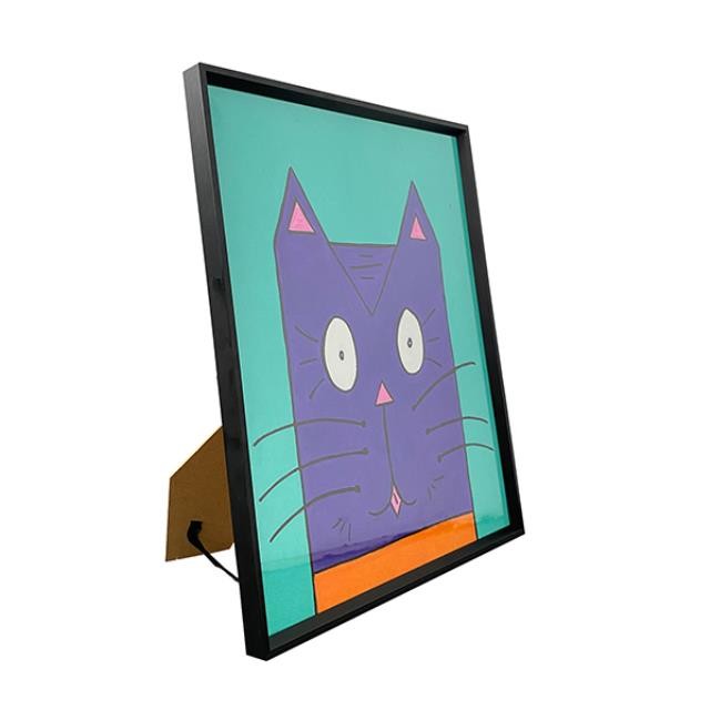 (8521PJ36)FRAMED ART-Purple Cat on Turquoise Black Frame