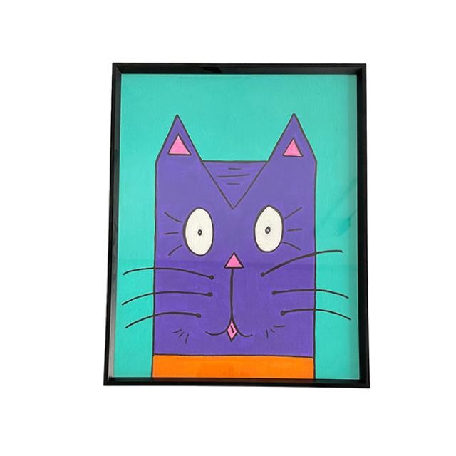 (8521PJ36)FRAMED ART-Purple Cat on Turquoise Black Frame