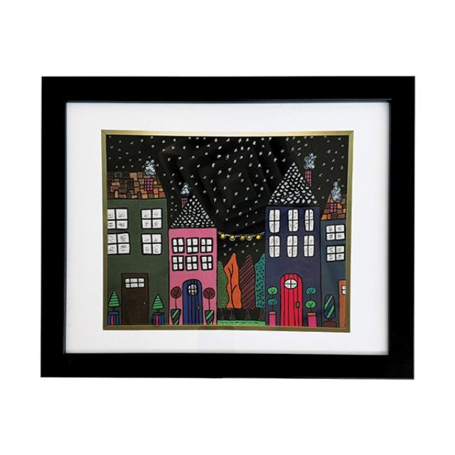 (8521PJ44)FRAMED ART-Colorful Homes w|String Lights in White Border