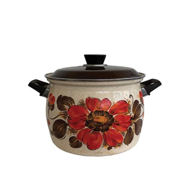 (25480068)POT w|LID-Vintage 70's Enamel Orange Poppy Pot w|Brown Lid