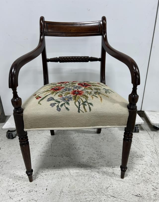 Regency Mahogany Arm Chair |Embroidered Seat