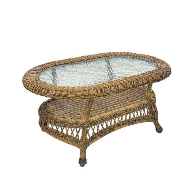 GARDEN TABLE-Oval Brown Wicker Coffee Table w|Frosted Glass & Bottom Shelf