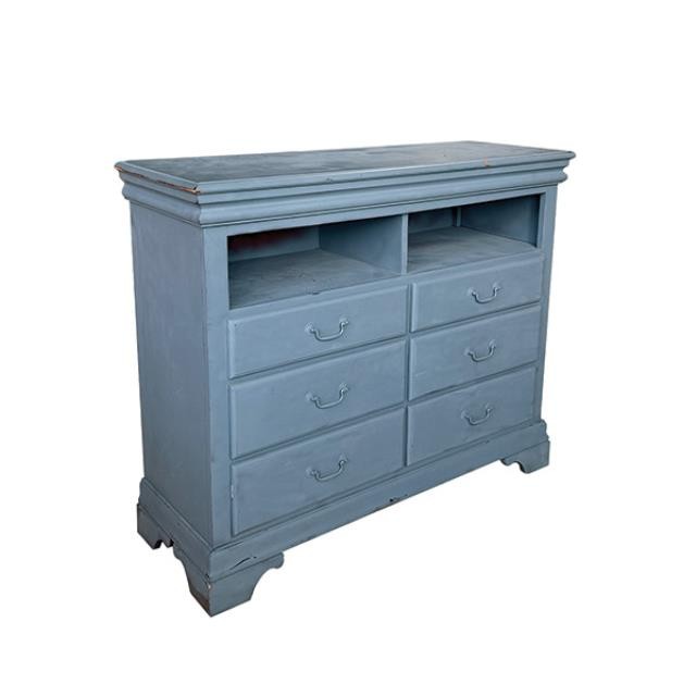 TV STAND-Light Blue Chest w|Open Shelves at Top & 6 Drawers Below