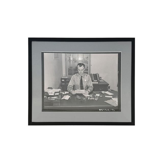 PRINT-Vintage Black & White Photo of Officer at Desk w|Paperwork