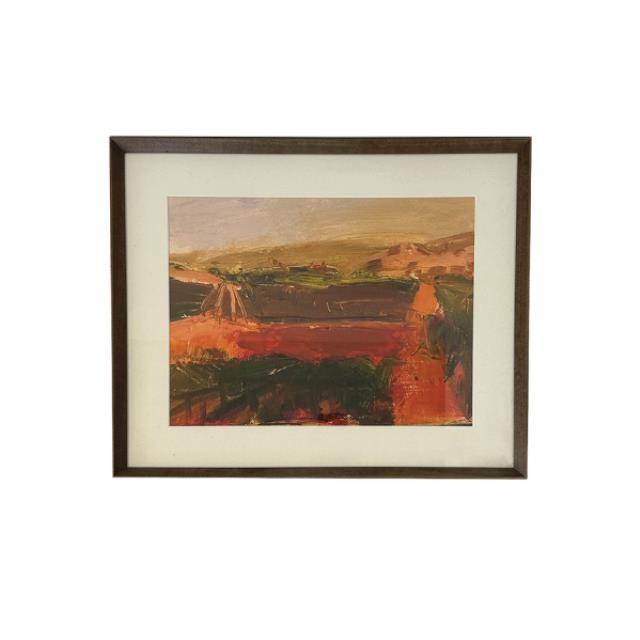 PRINT-Abstract Painting of Red Field w|Wooden Fence