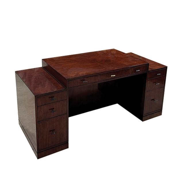 DESK-Mahogany Veneer Raised Desk w|Double Pedestal & 9 Drawers