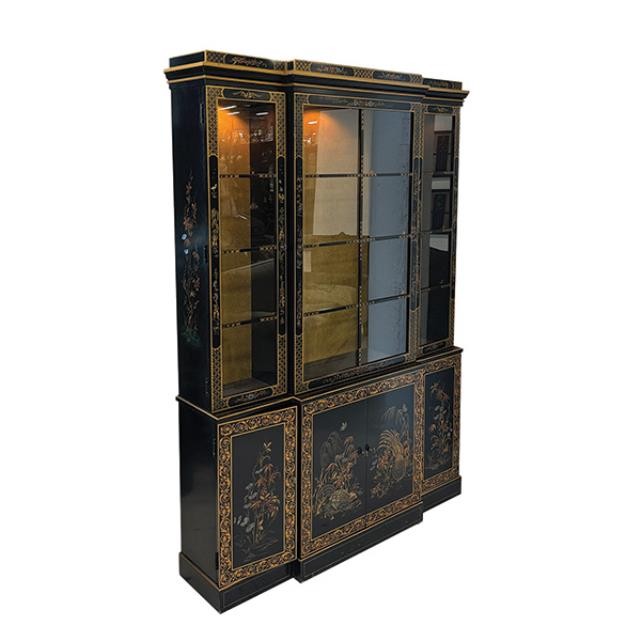 HUTCH-Vintage Asian Chinoiserie Black Lacquered Hand-Painted Hutch