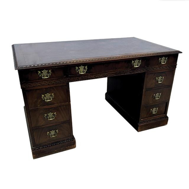 DESK-Presidental Mahogany Double Pedestal w|Burgundy Leather Inlay & Brass Hardware