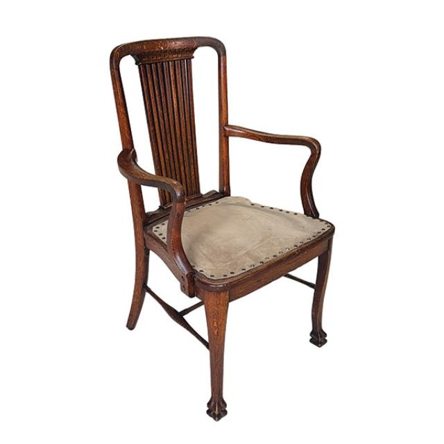 ARM CHAIR-Thin Slatted Back Oak Frame w|Clawfoot & Nailheads on Seat