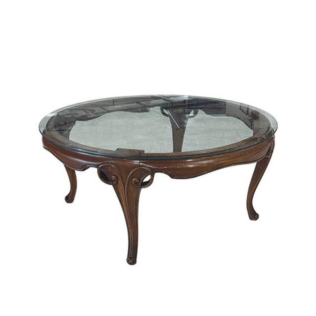 COFFEE TABLE-Round Sheraton Walnut Base w|Glass Top