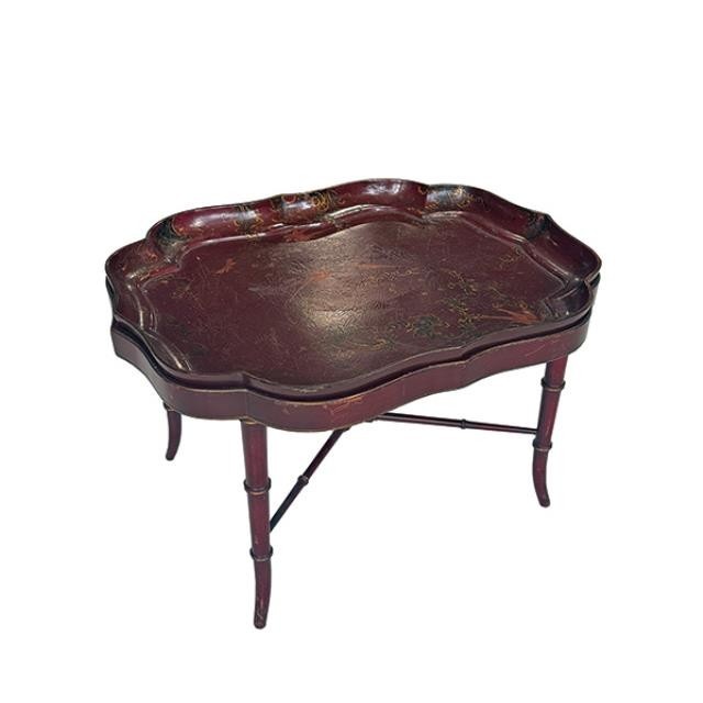 COFFEE TABLE-Burgundy Lacquer Faux Bamboo w| Removable Scallop Tray Table