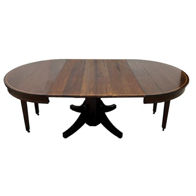 DINING TABLE-English Style Mahogany Inlay Veneer Expandable Round Table