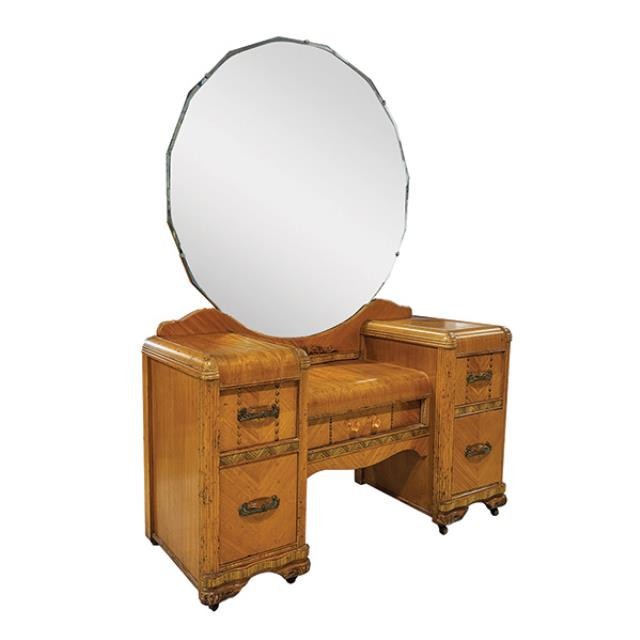 VANITY-Burled Wood Art Deco Waterfall Edge 5 Drawer w|Mirror