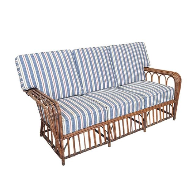 (40880017)SOFA-Rattan Frame w|Blue Striped Cushions