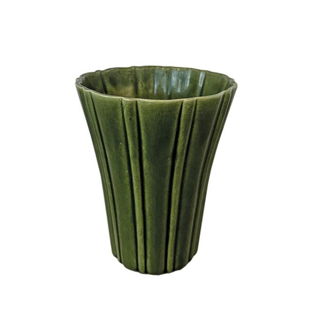 (52571091)VASE-Vintage Green Pottery-Vertically Ribbed