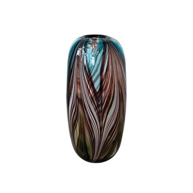 (52571098)VASE-Brown|White|Green Swirls Glass Vase