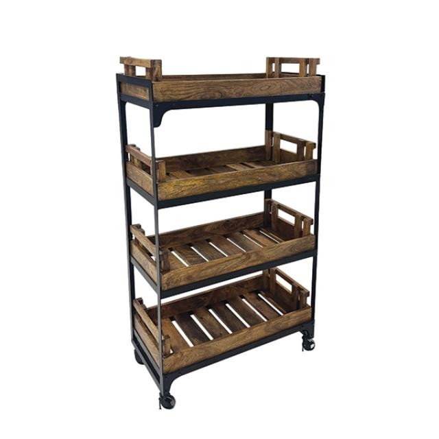 (40240184)SHELVING UNIT-Black Iron (4) Tier Shelf w|Removable Wooden Shelves on Castors