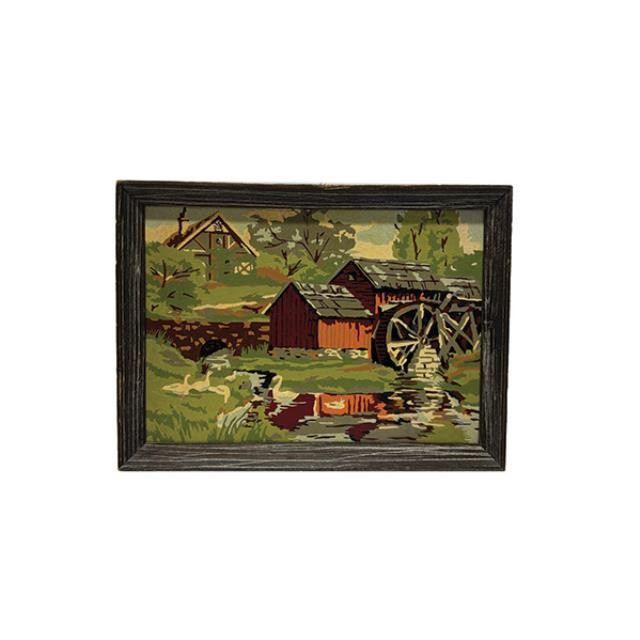 (85210788)PAINTING-Framed Acrylic Painting-Red Barn/ Mill Pond w|Ducks Around