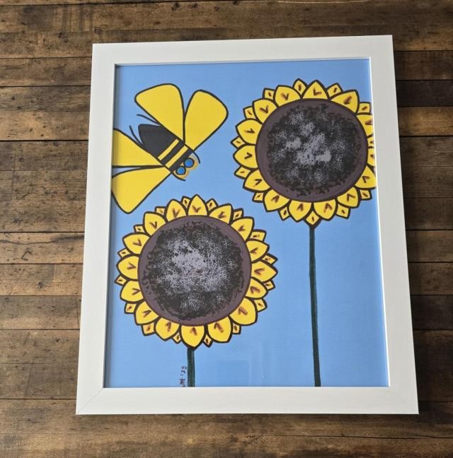 (8521PJ58) Pair of Sunflowers |Blue Background |White Frame